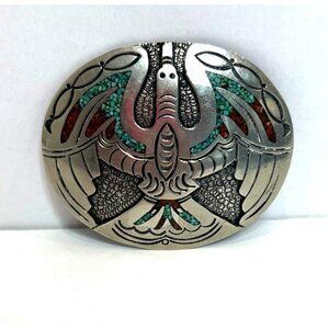 1970s Navajo Silver Overlay & Chip Inlay Oval Peyote Bird Buckle By Jimmy Nezzie